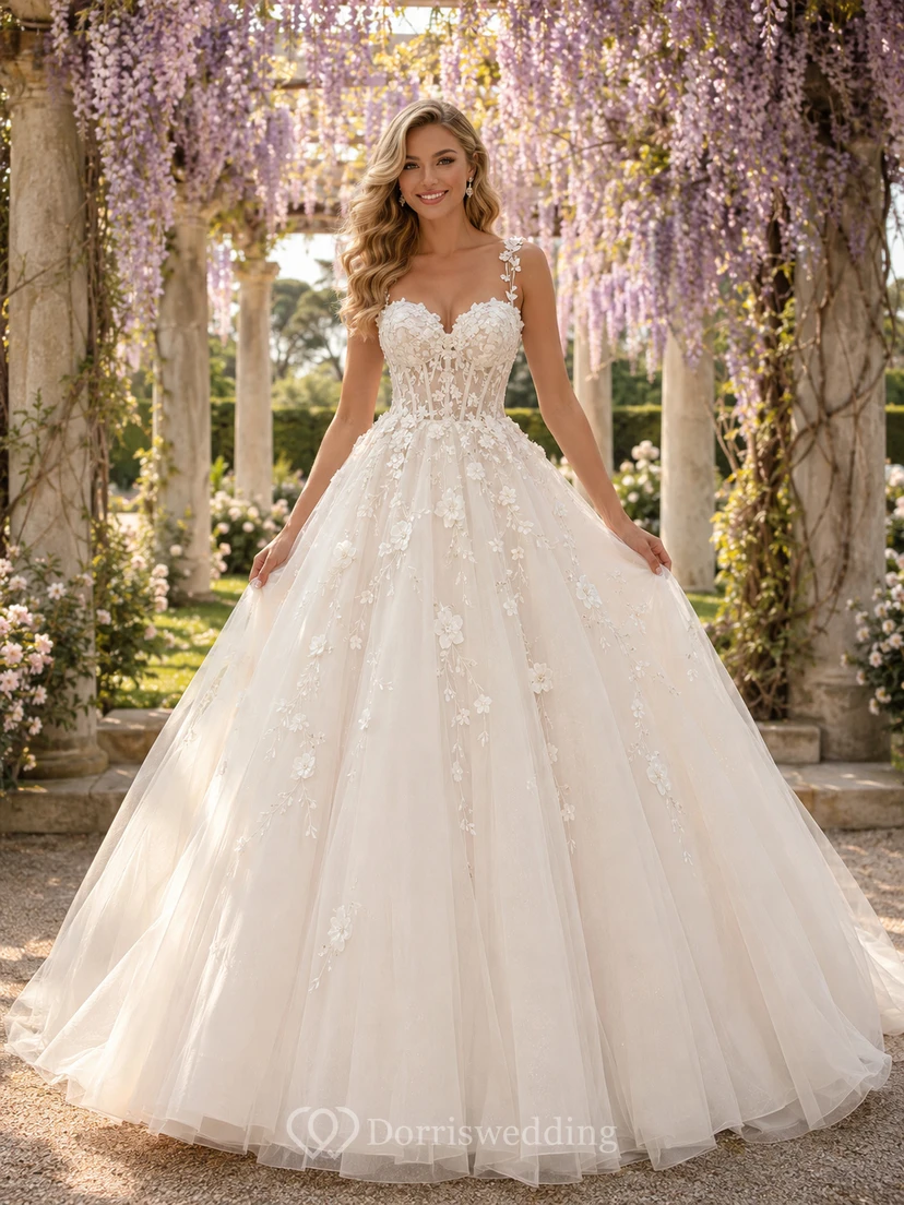Vestido de novia de tul y encaje playero, estilo princesa, sin tirantes, escote corazón, cola larga, espalda baja en V.