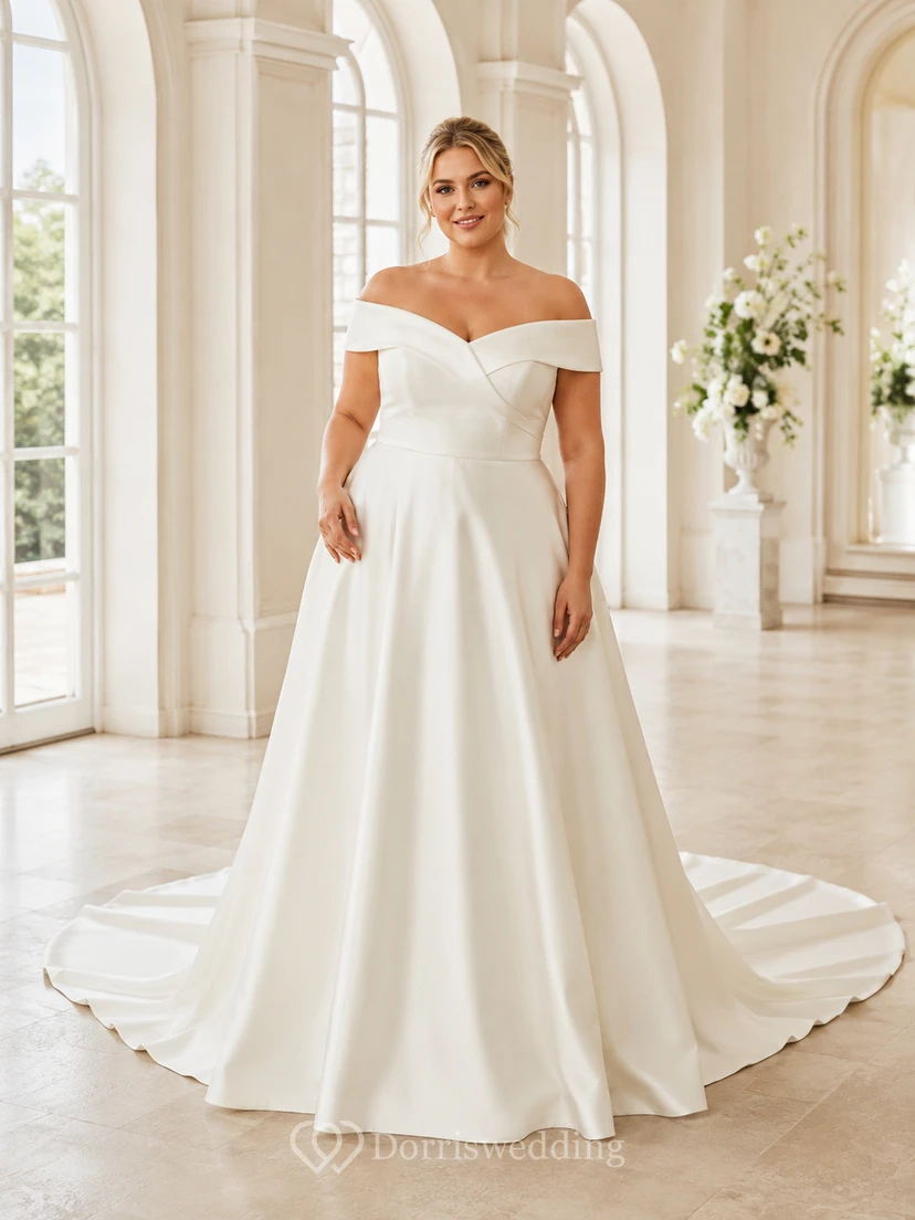 Robe de mariée minimaliste en satin, robe de bal à épaules dénudées et traîne.