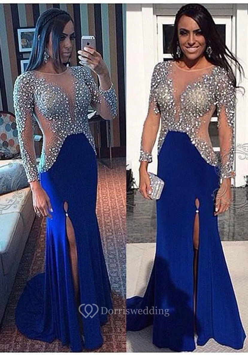 Glamorous Long Sleeve Royal Blue Prom Dresses Crystals With Slit