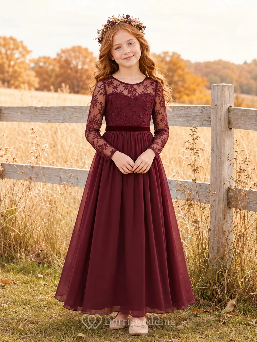 Burgundy Lace Long Sleeve Tulle A-Line Floor-Length Country Flower Girl Dress