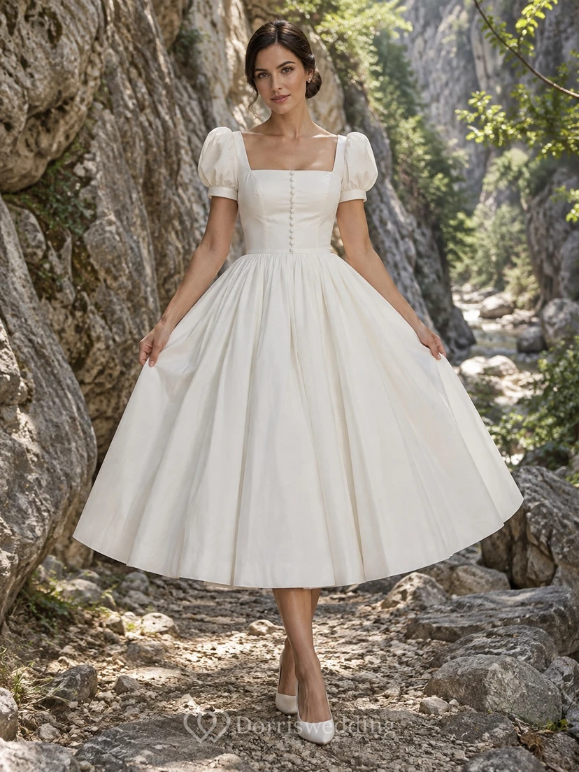 Vestido de novia sencillo de satén plisado, largo hasta la rodilla, cuello cuadrado, mangas cortas abullonadas.