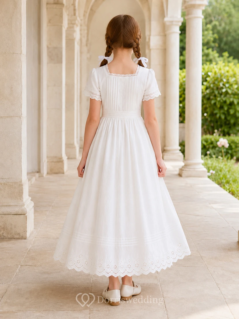 Robe de communion en coton plissée à col rond et manches papillon, longueur cheville view 2