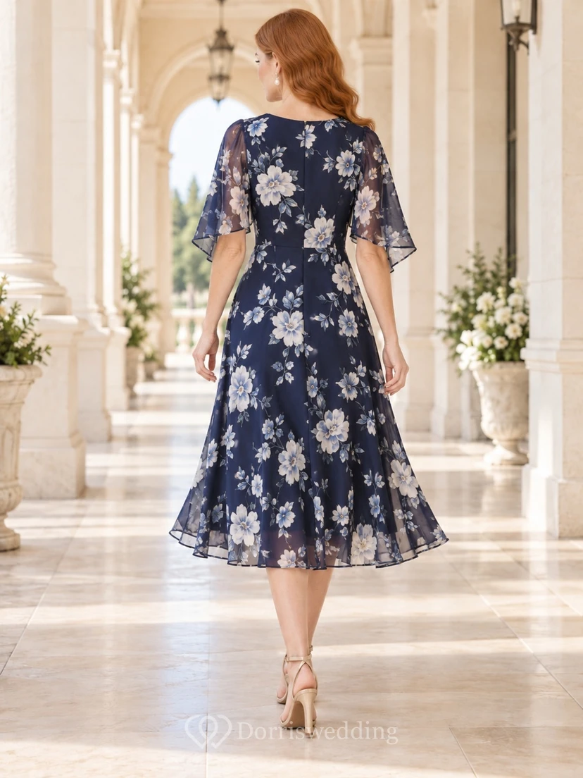 Vestido de invitada largo midi con escote en V, manga acampanada y estampado floral azul marino. view 2
