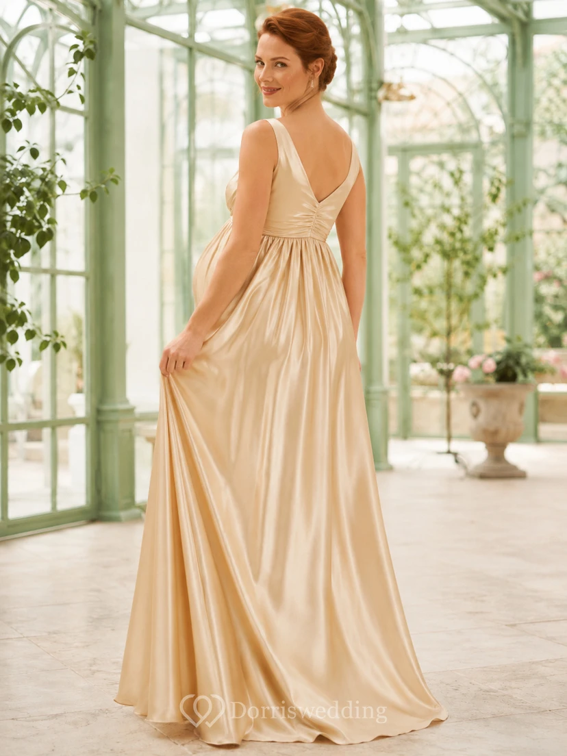 Champagnerfarbenes Satin-Abendkleid mit Wasserfallausschnitt, Trägern und tiefem V-Ausschnitt am Rücken view 2