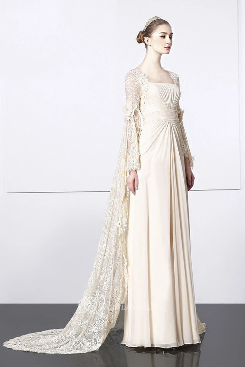 Square Sheath Bat Sleeve Lace Chiffon Unique Gown With Train view 3