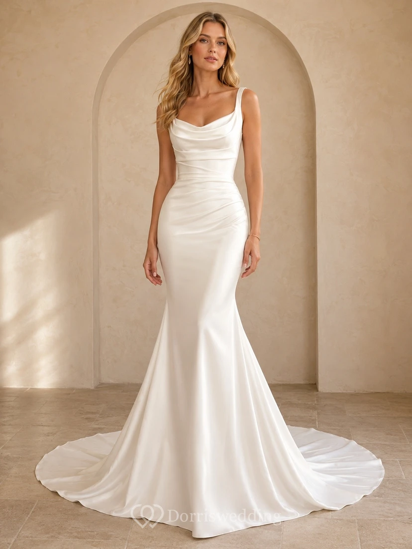 Vestido de novia sencillo de sirena con escote drapeado y cola larga