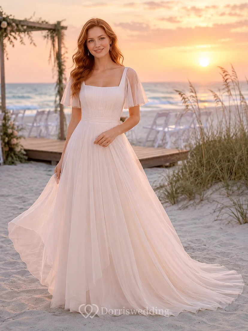 Strandhochzeitskleid aus Chiffon mit quadratischem Ausschnitt, flatternden Ärmeln und A-Linie