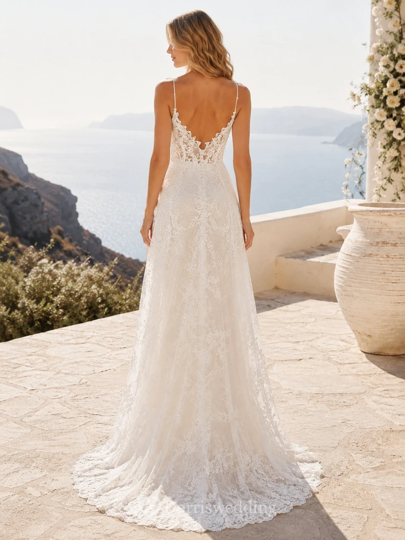 Lace A Line V Neck Floral Applique Sweep Bohemian Elopement Wedding Dress view 2