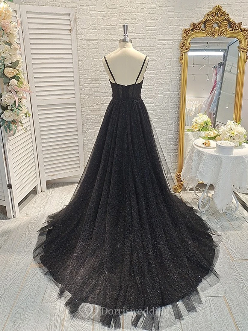Robe sexy en tulle noir à fines bretelles et fente sur le devant view 2