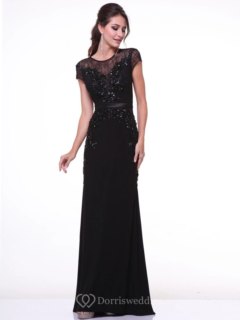 Sheath Scoop-Neck Short Sleeve Chiffon Dress With Beading And Lace