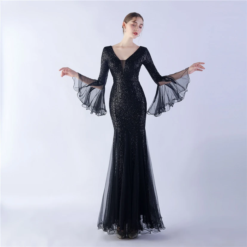 Vestido de noche con lentejuelas, bordado de malla encriptada, estilo artesanal de seda de pez y borde ondulado. view 37