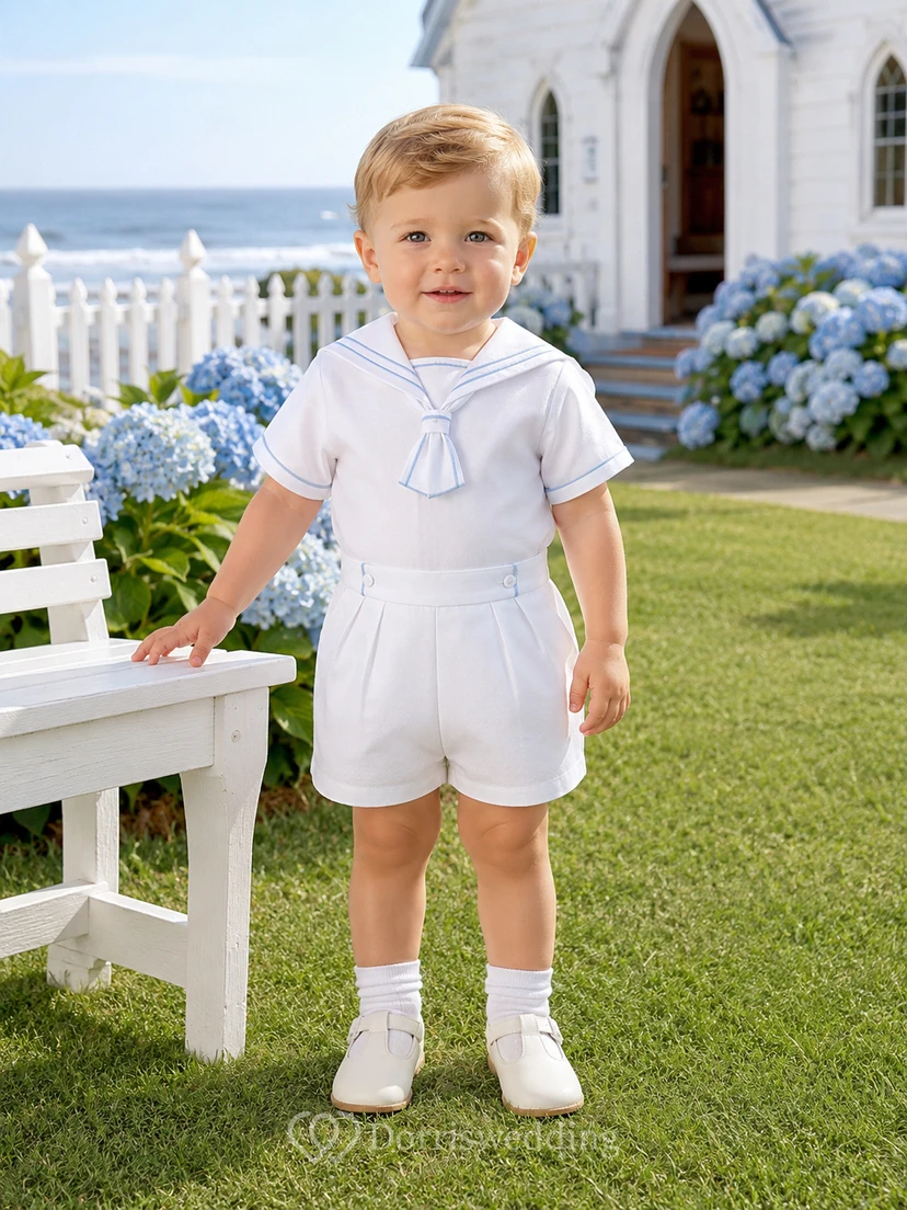 Klassischer weißer Kurzarm-Strampler mit Matrosenkragen für Babys, ideal für die Taufe und Outdoor-Aktivitäten