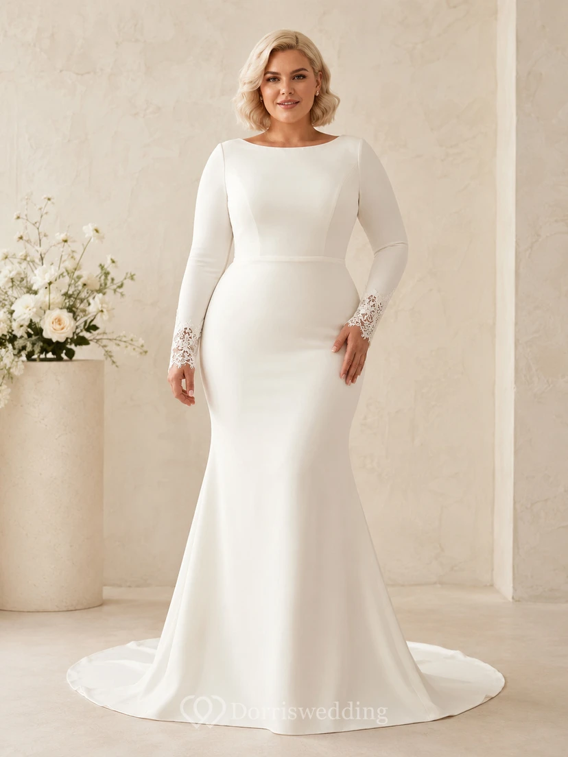 Modest Curvy Satin Wedding Sheath Bateau Long Sleeves Lace Cuffs Train