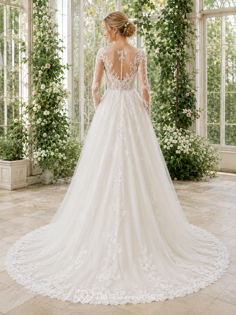 Brautkleid aus Spitze und Tüll im Meerjungfrauenstil mit V-Ausschnitt, ärmellos, Kapellenschleppe und tiefem V-Ausschnitt am Rücken view 2