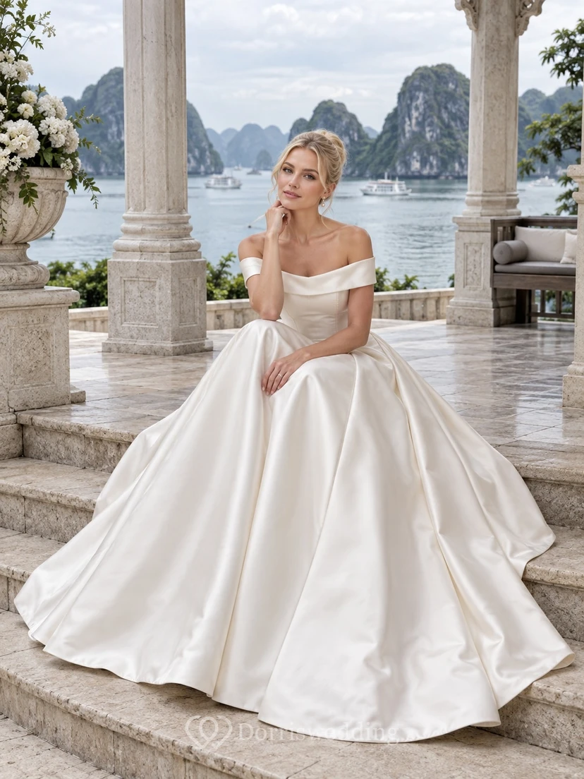 Schlichtes schulterfreies Ballkleid aus Satin mit Schleppe – Hochzeitskleid