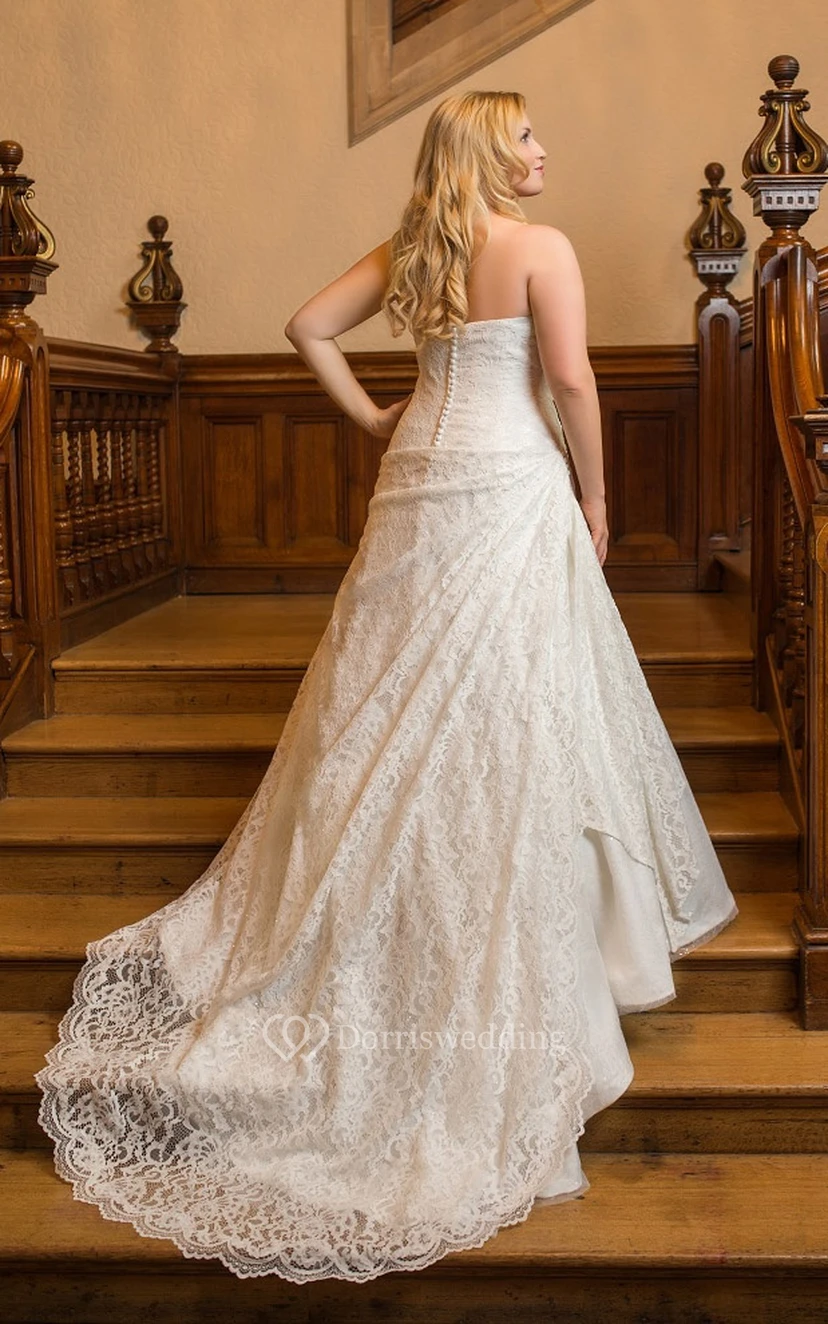 A-Line Floor-Length Sweetheart Sleeveless Lace Court Train Side Draping Dress view 2
