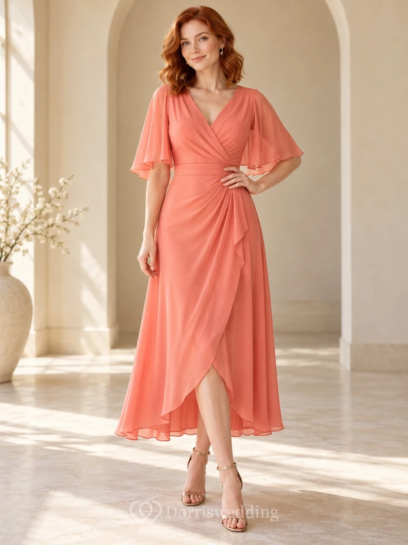Coral Wrap V Elbow Cape Sleeve Ankle Wedding Guest Dress