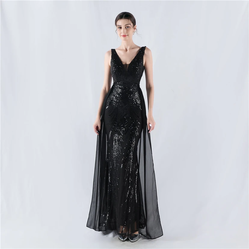 Paillettenbesetzte Blumen auf der Rückseite, Perlenstickerei mit Cape, Abendkleid für die Jahreshauptversammlung view 19