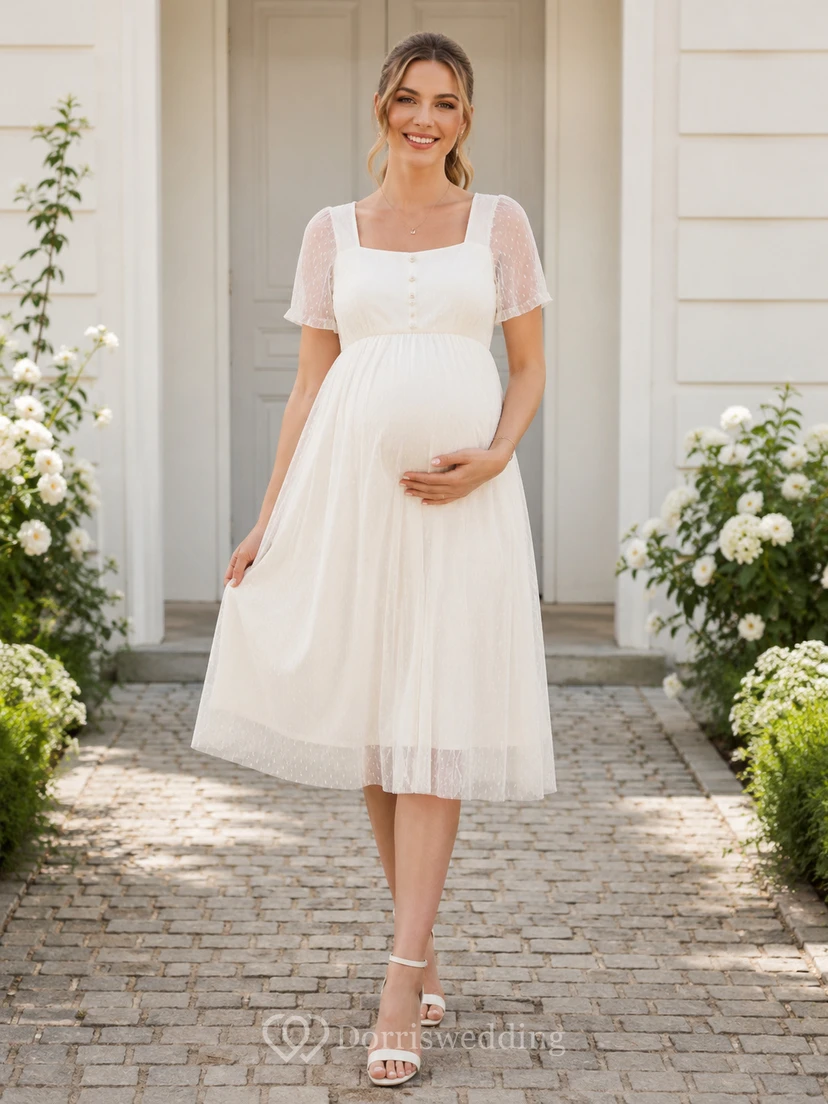 Maternity Square Neck Short Illusion Lace Sleeve Tulle Empire Tea Wedding Dress