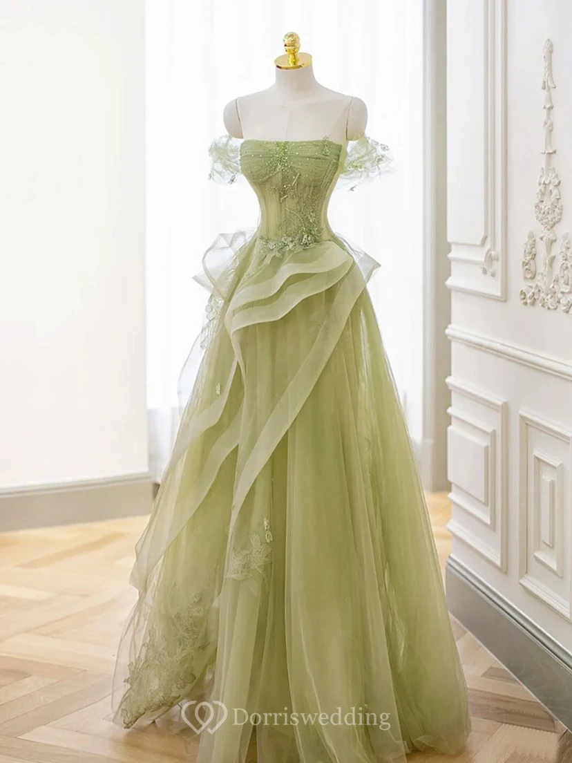 Mint Green Asymmetrical Tulle Gown with Embroidery view 3