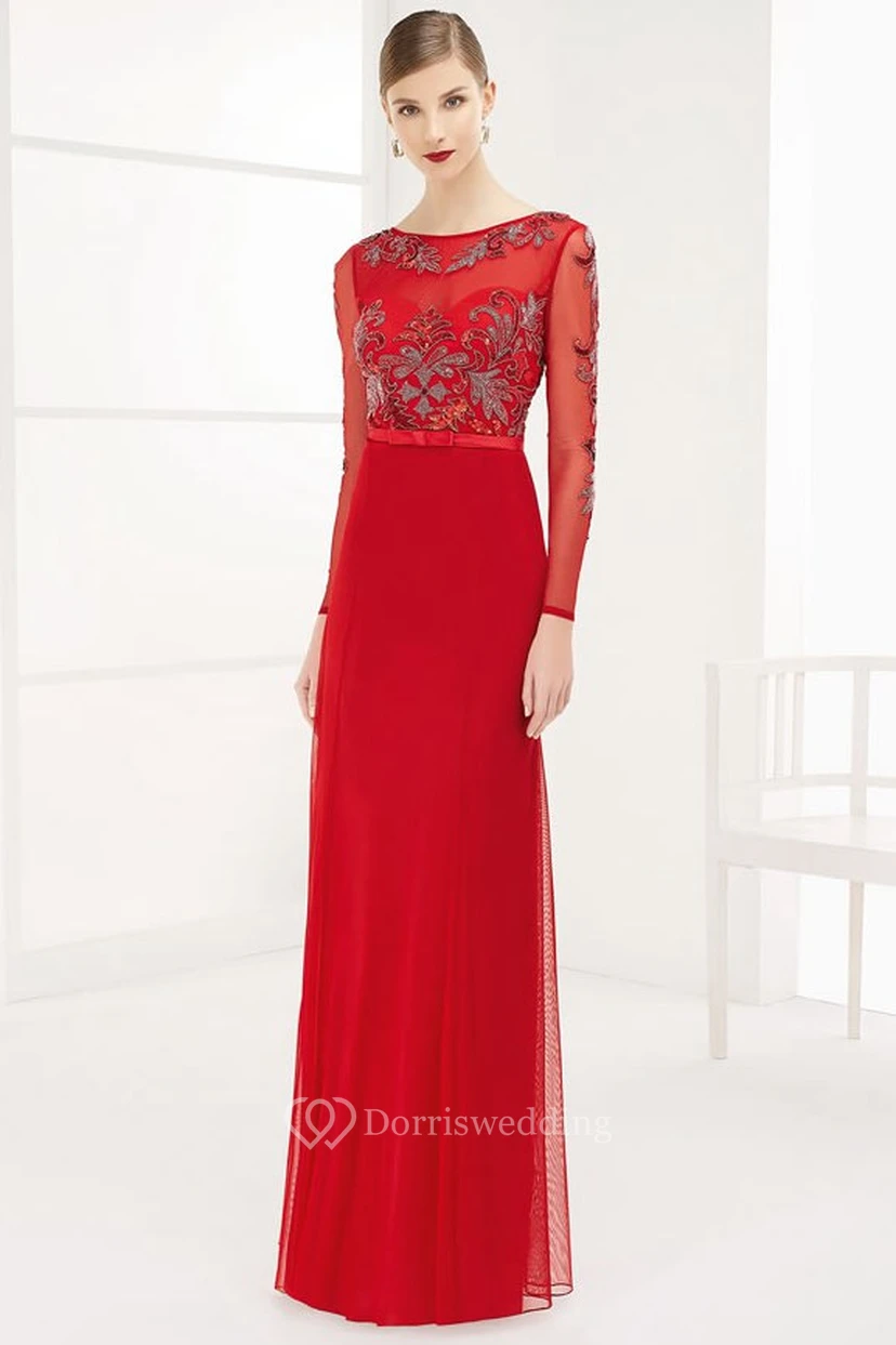 Bateau Neck U Back Tulle Long Prom Dress With Long Sleeve And Bow Belt