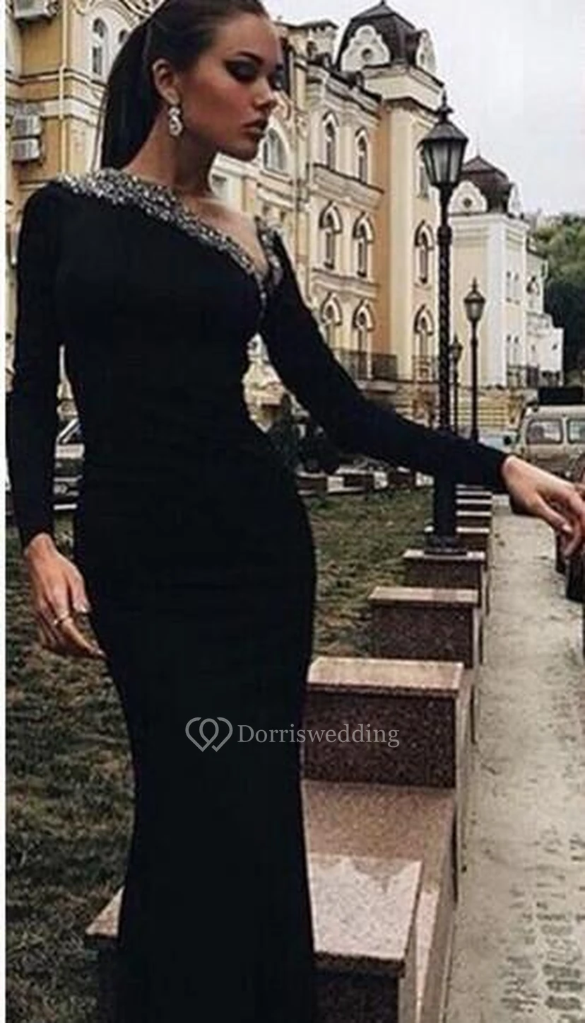 Modern Mermaid Black Crystals Prom Dress Long Sleeve