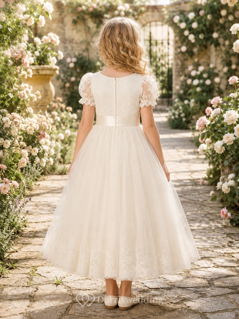 Lace Bodice Tulle A-Line Flower Girl Dress with Short Sleeves, Jewel Neck and Tea-Length Skirt view 2