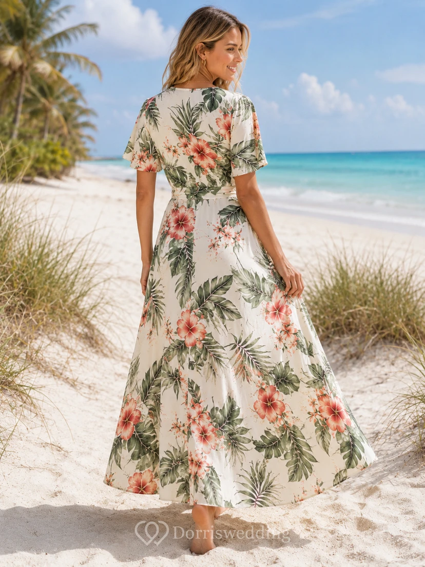 Beach Botanical V Neck Wrap Chiffon Maxi Guest Dress view 2