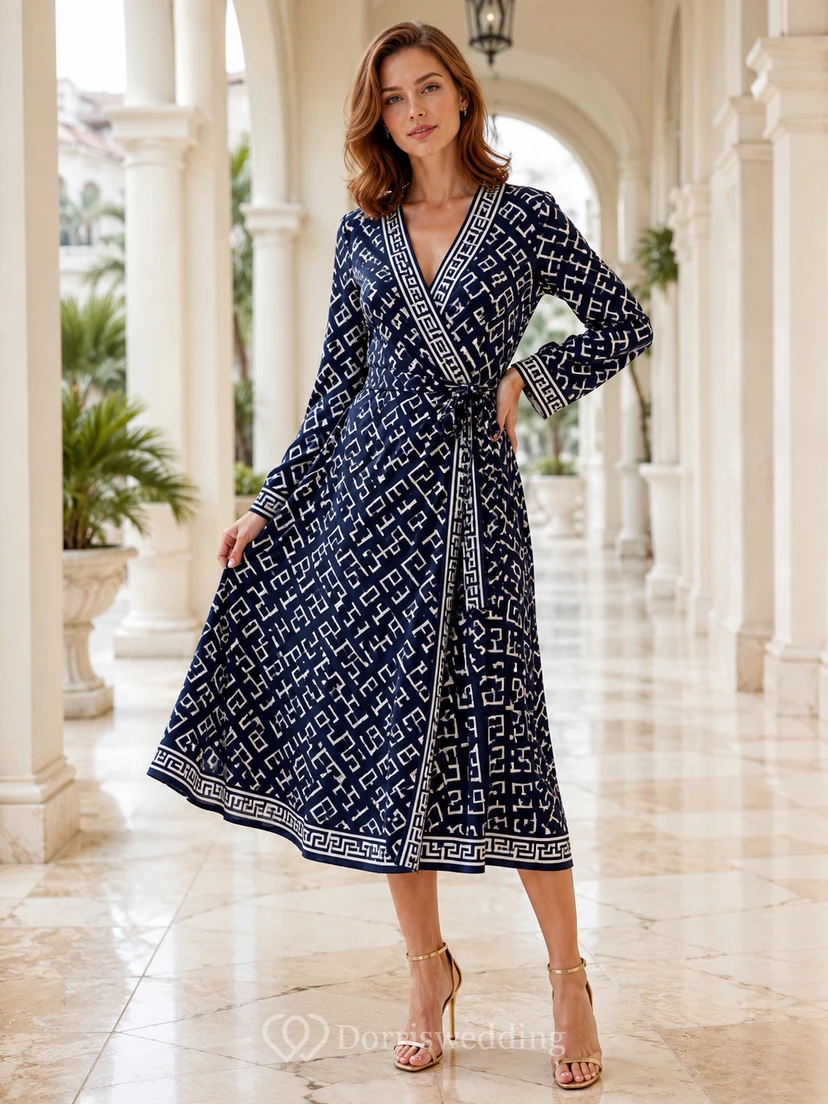 Vestido midi cruzado de manga larga con estampado de greca griega azul marino, corte A, para invitadas.