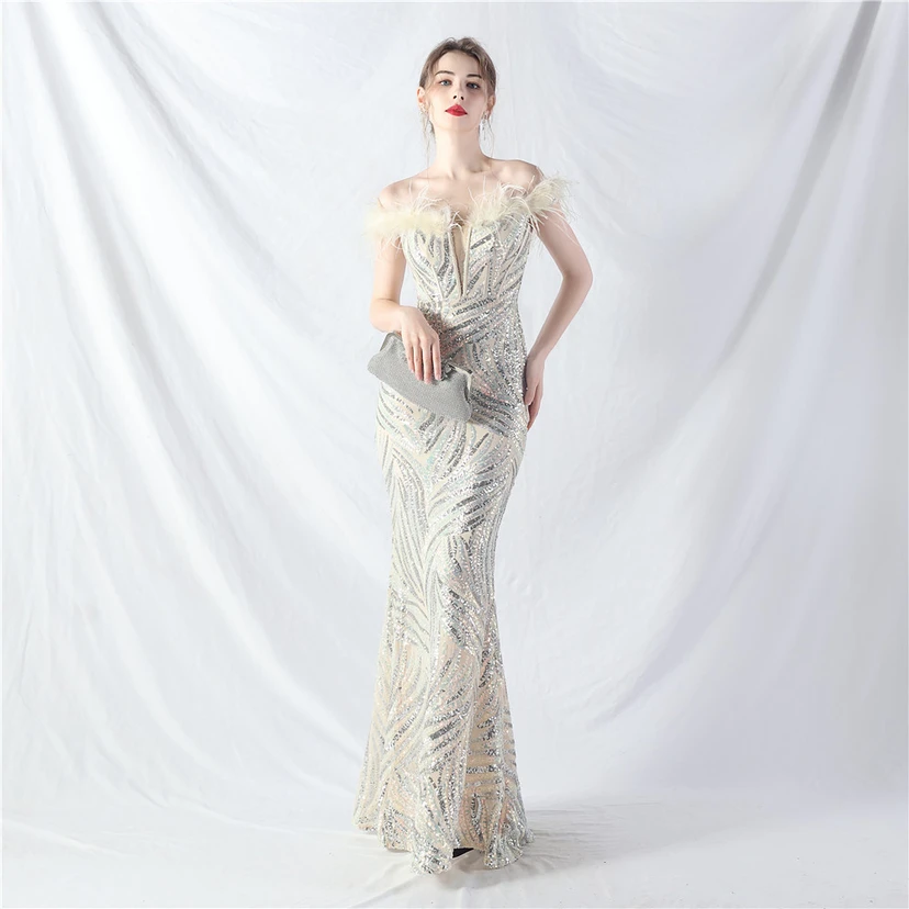 Robe de soirée haut de gamme à sequins, ornée d'un gilet à taille en arêtes de poisson et de plumes d'autruche. view 43