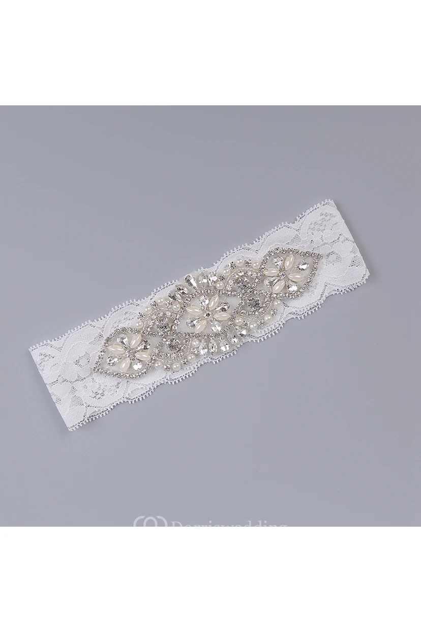 White Sexy Lace Rhinestone Princess Style Handmade Garter Grip Within 16-23inch view 2