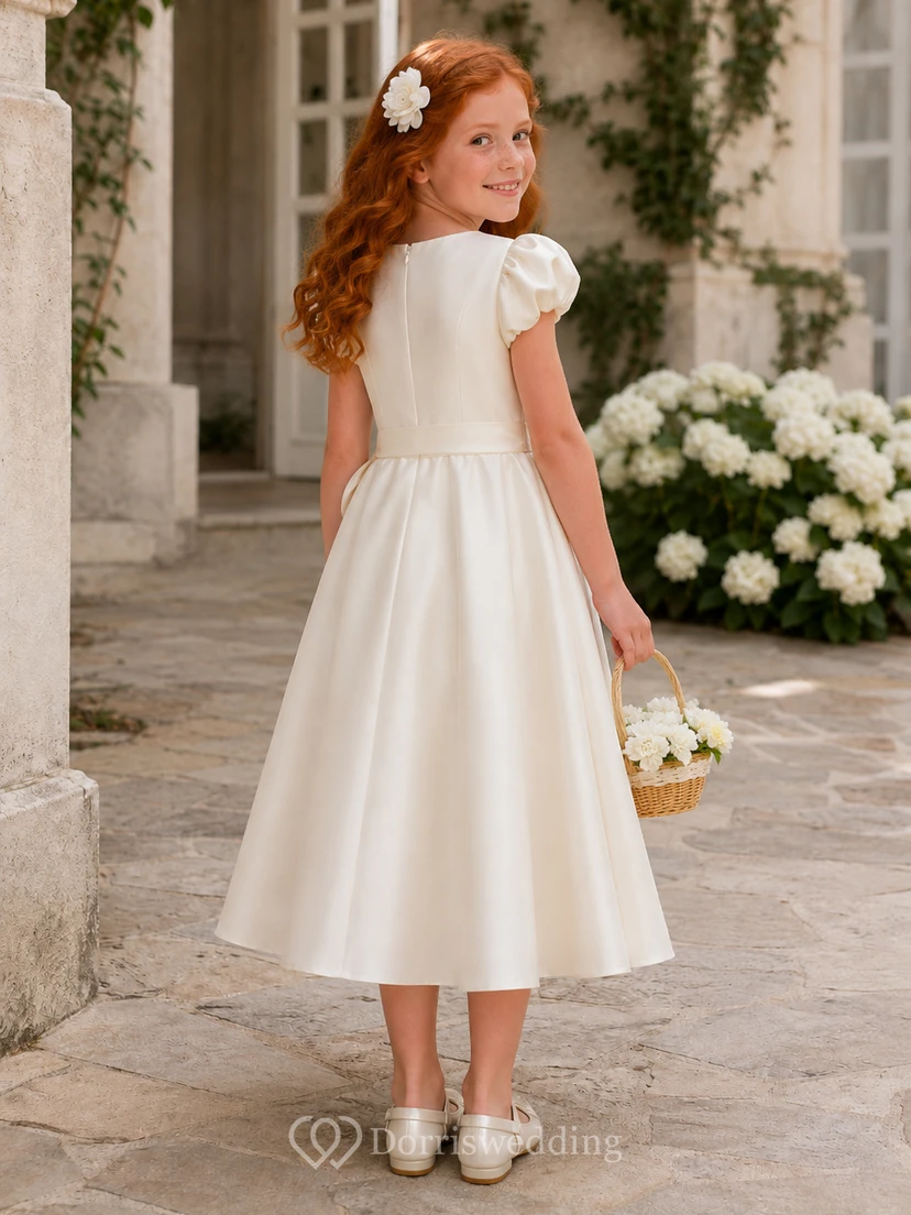 Klassisches, teelanges A-Linien-Kleid aus Satin mit Rundhalsausschnitt, Puffärmeln und Schleife für Blumenmädchen view 2
