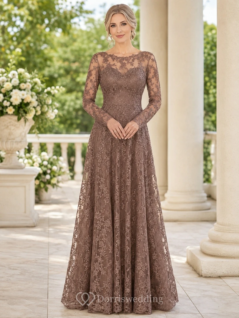 Brown Romantic Elegant Jewel Long-Sleeve Lace A-Line Floor-Length Formal Dress