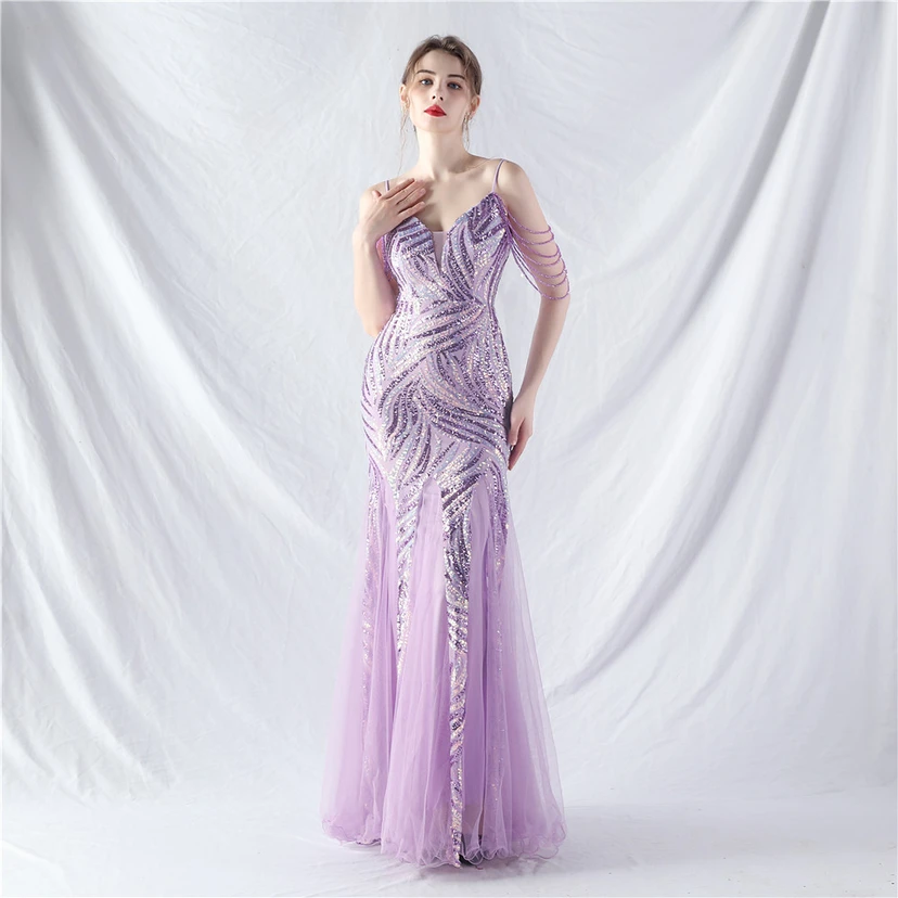Layered Beads Spliced ​​Mesh High-End Evening Dress view 45