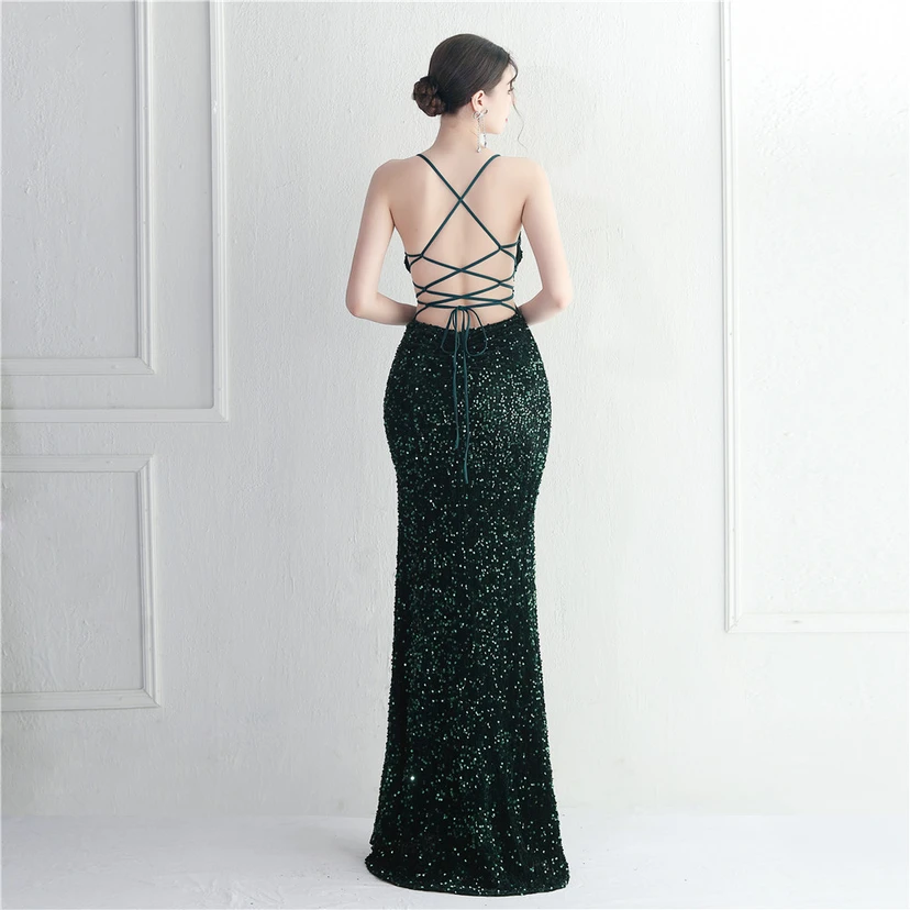 Vestido largo de noche con cola de pez, estilo europeo y americano, con lentejuelas y parte inferior de terciopelo. view 46