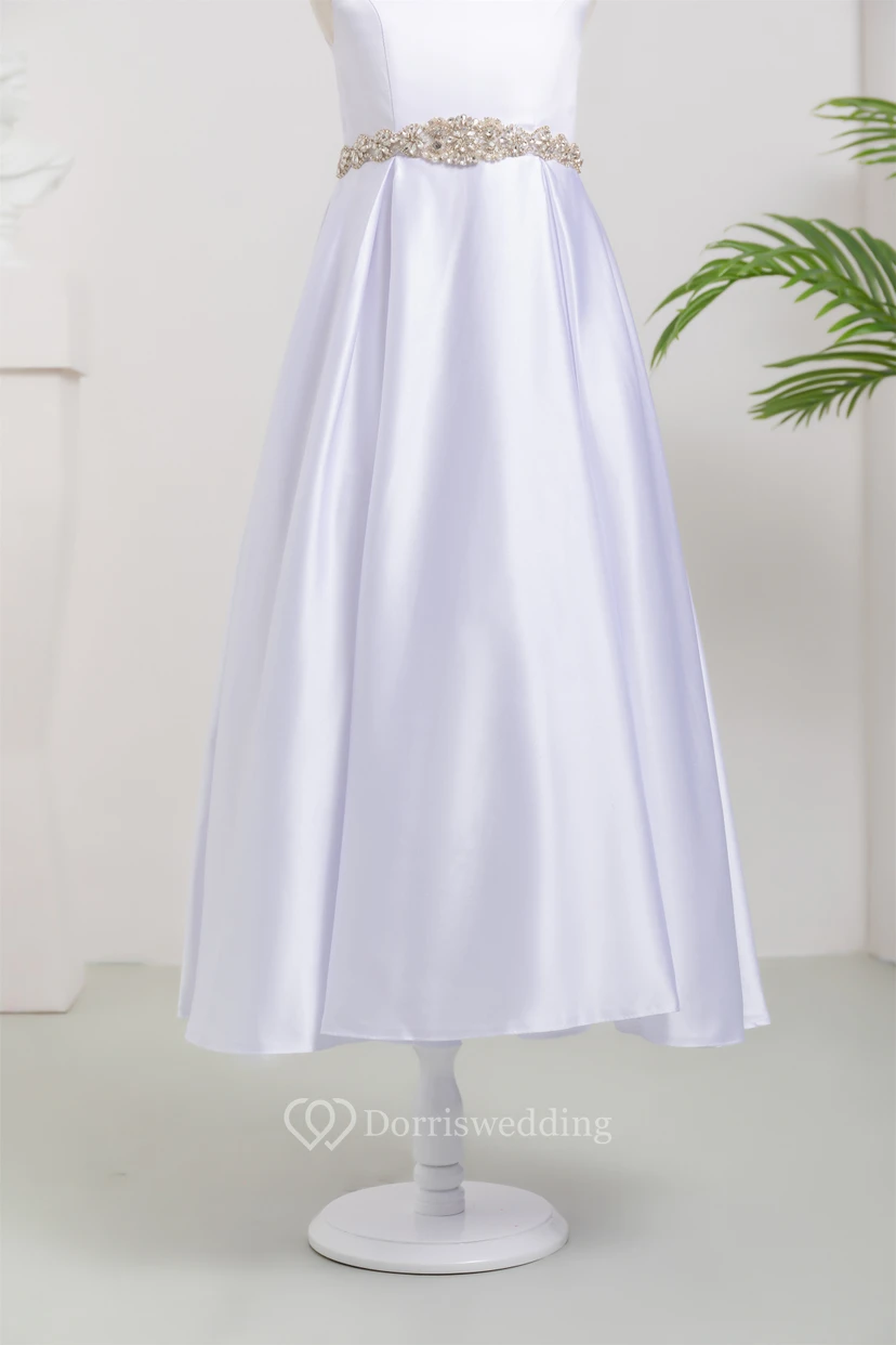 Satin Scoop-neck Sleeveless Solid Flowergirl Dress with Beaded Waist view 8