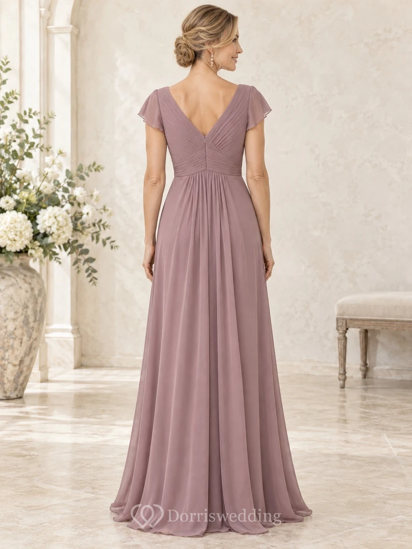 Vestido de gasa de corte A largo hasta el suelo, estilo imperio, con escote en V, mangas cortas y cuello imperio, color malva, ideal para la madre de la novia. view 2