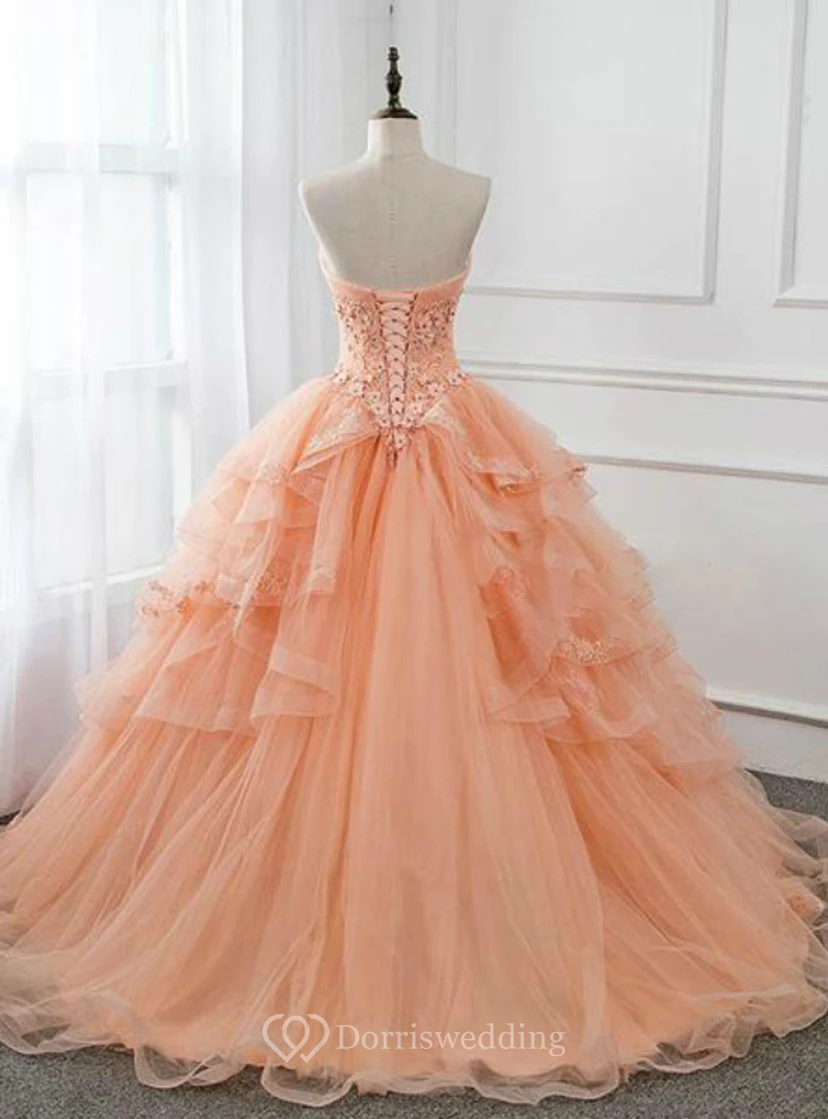 Robe de bal pêche sans bretelles brodée view 4