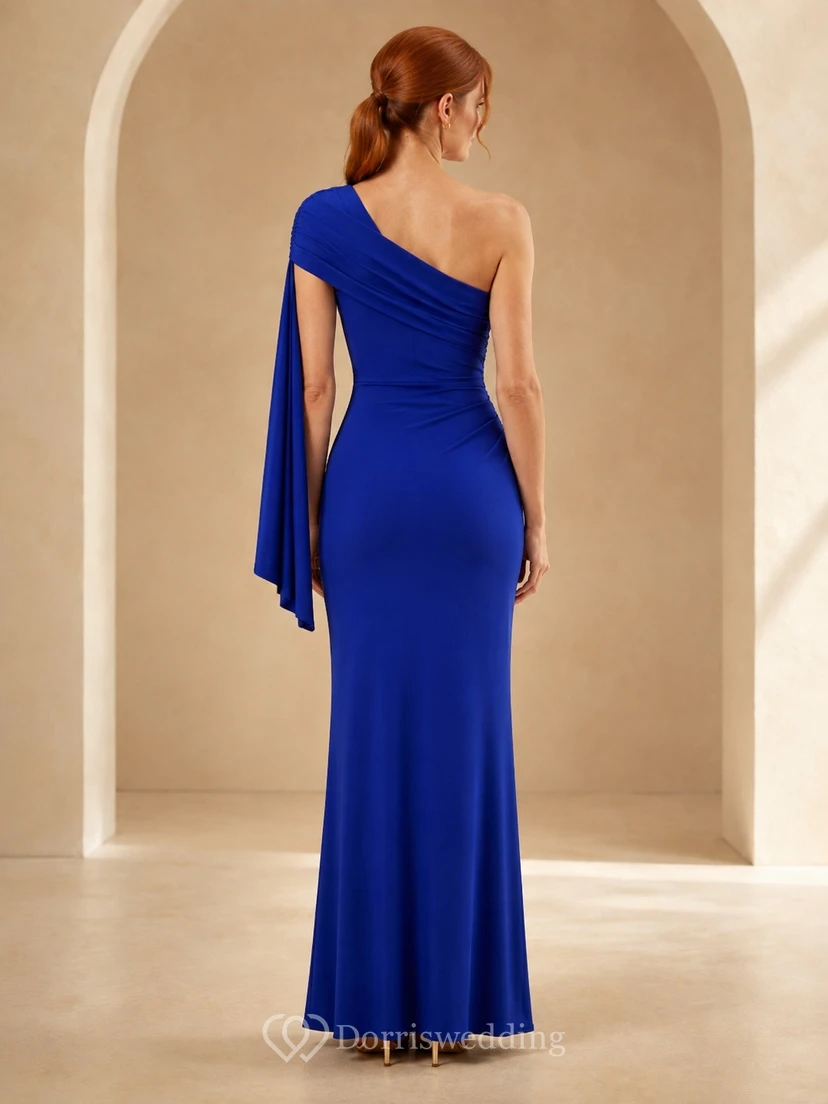 Kobaltblaues Jersey-Maxikleid für den Abschlussball mit asymmetrischem One-Shoulder-Ausschnitt, taillierter Passform, moderatem Seitenschlitz und langem Rock view 2