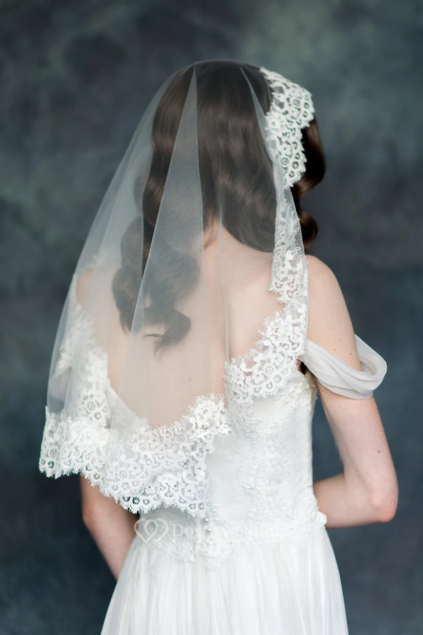 Short Cute Wedding Veil with Lace Appliques view 3