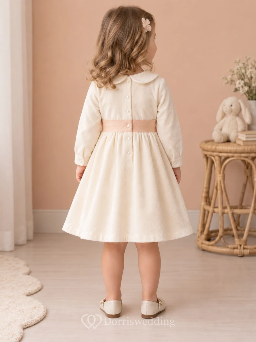 Simple Modest Long Sleeve Ivory Knee Length Narrow Peach Band Collared Flower Girl Dress view 2
