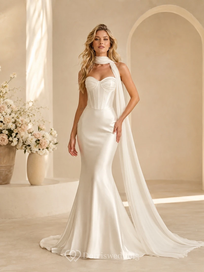 Vestido de novia de satén con cola larga estilo sirena para ceremonia nupcial