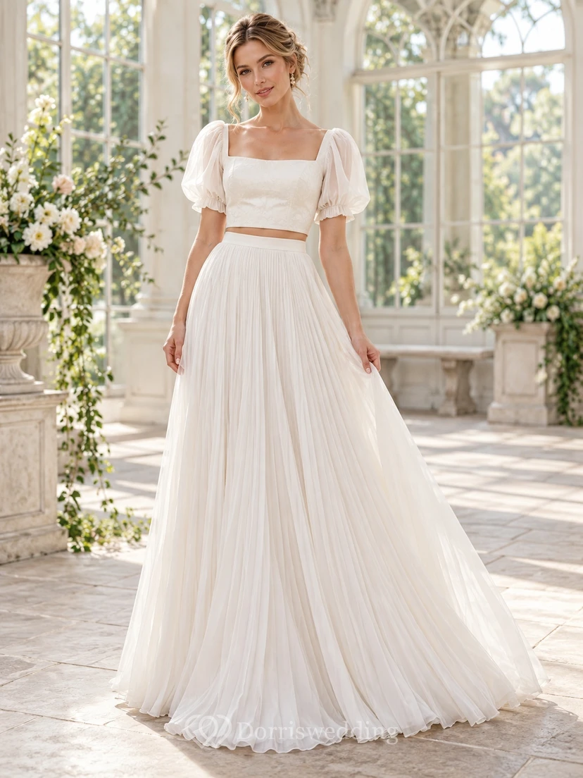 Two Piece Square Neck Sheer Puff Sleeve Chiffon Wedding Dress