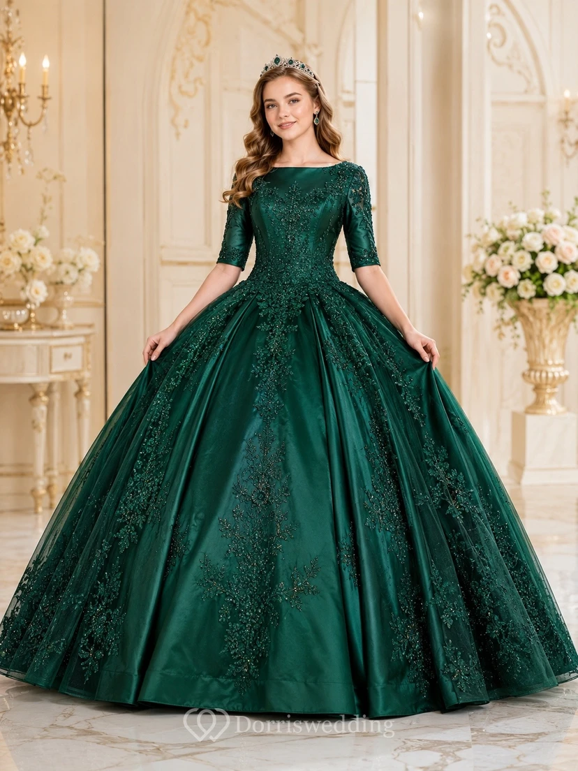 Dark Green Quinceanera Velvet High-Neck Long-Sleeve Ball Gown Dress
