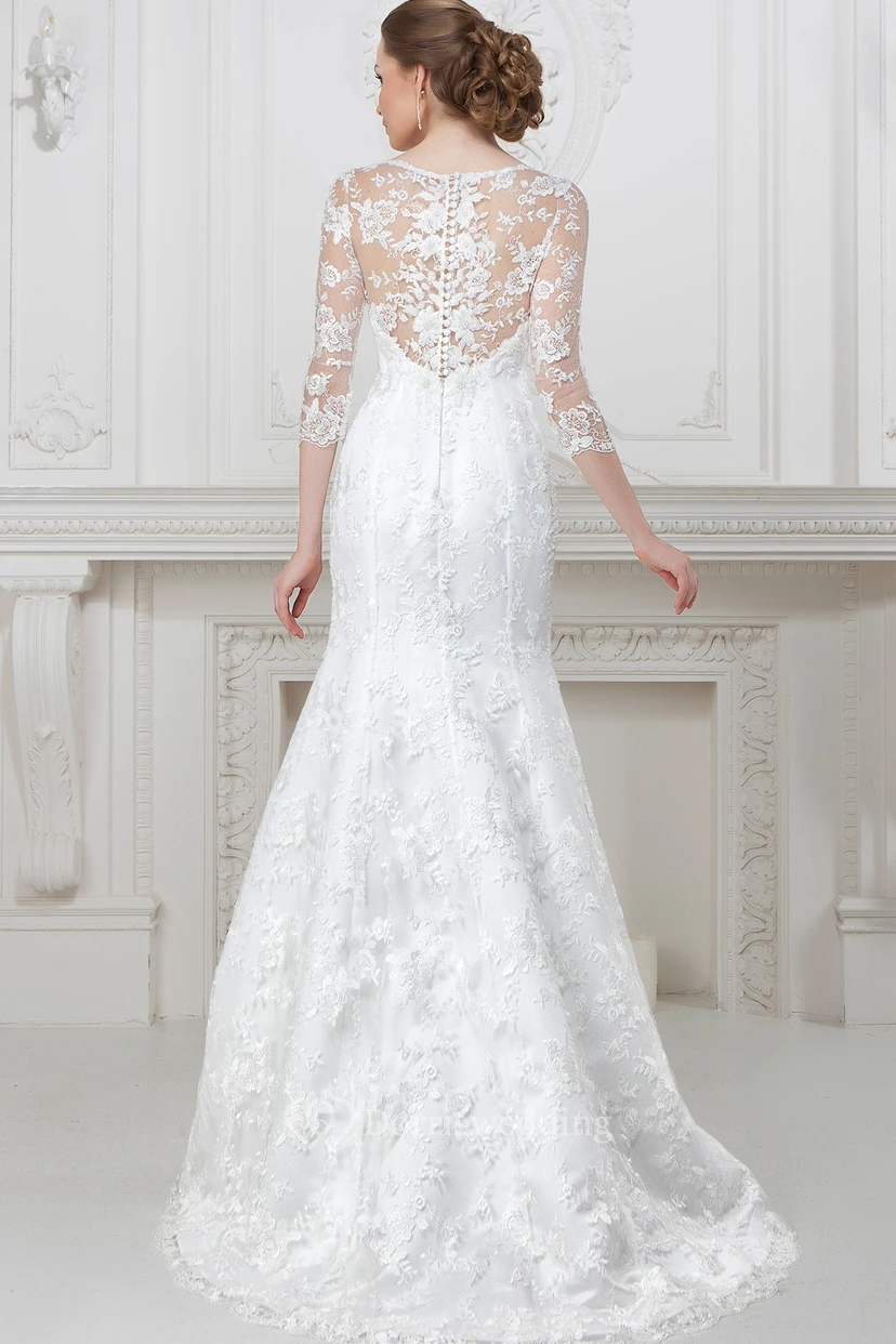 A-Line 3-4-Sleeve Scoop-Neck Lace Wedding Dress With Illusion view 2
