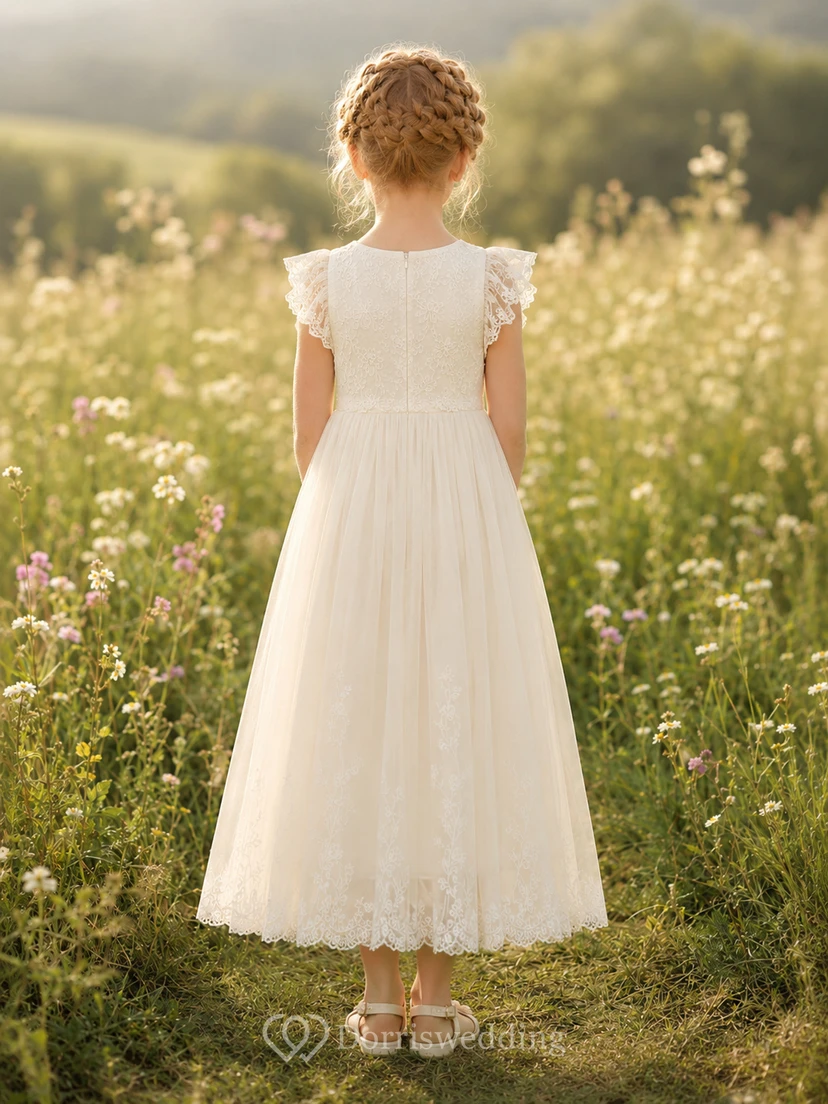 Robe de demoiselle d'honneur élégante, coupe trapèze, en tulle et dentelle florale, col bijou, manches pétales, longueur cheville view 2