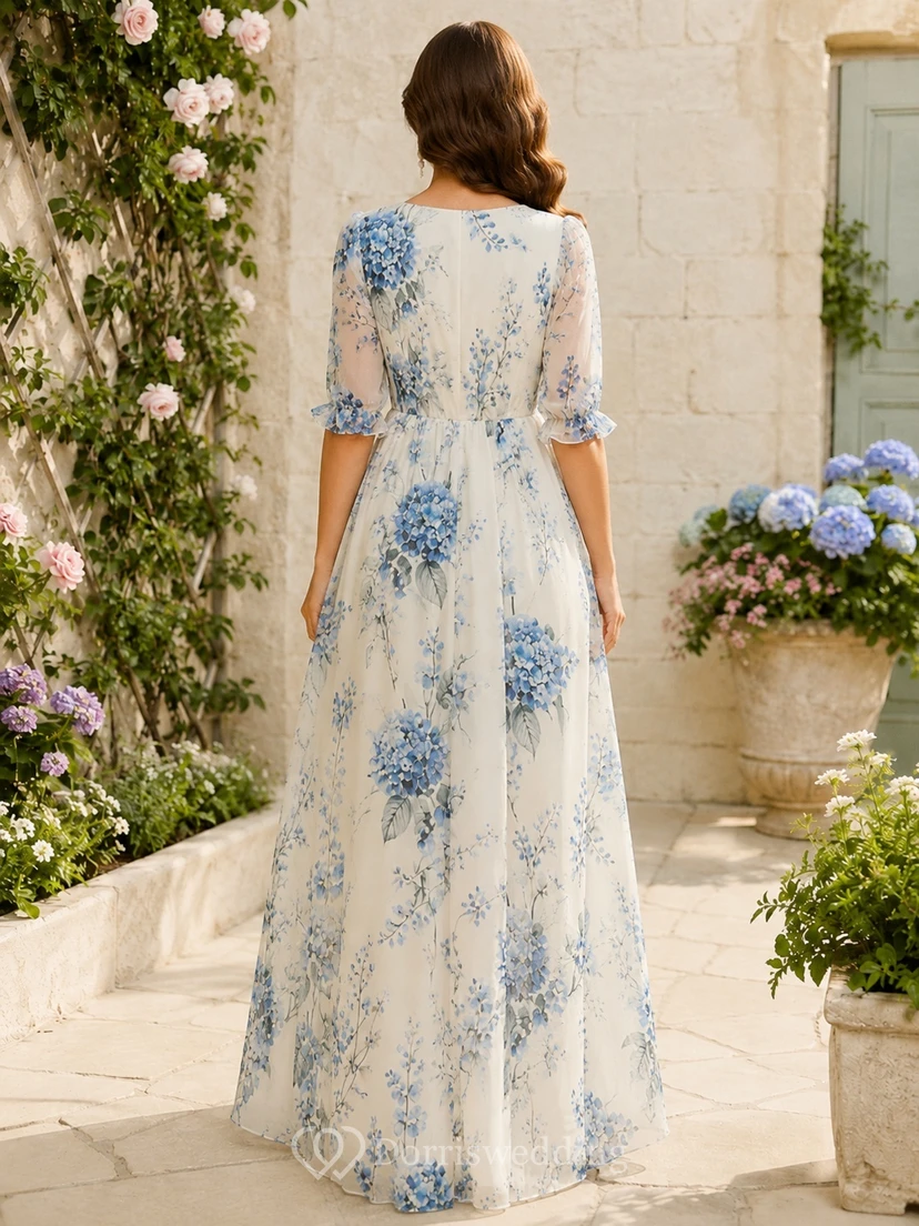 Ivory Blue Floral V-Neck Half Sleeve Chiffon A-Line Floor-Length Gown view 2