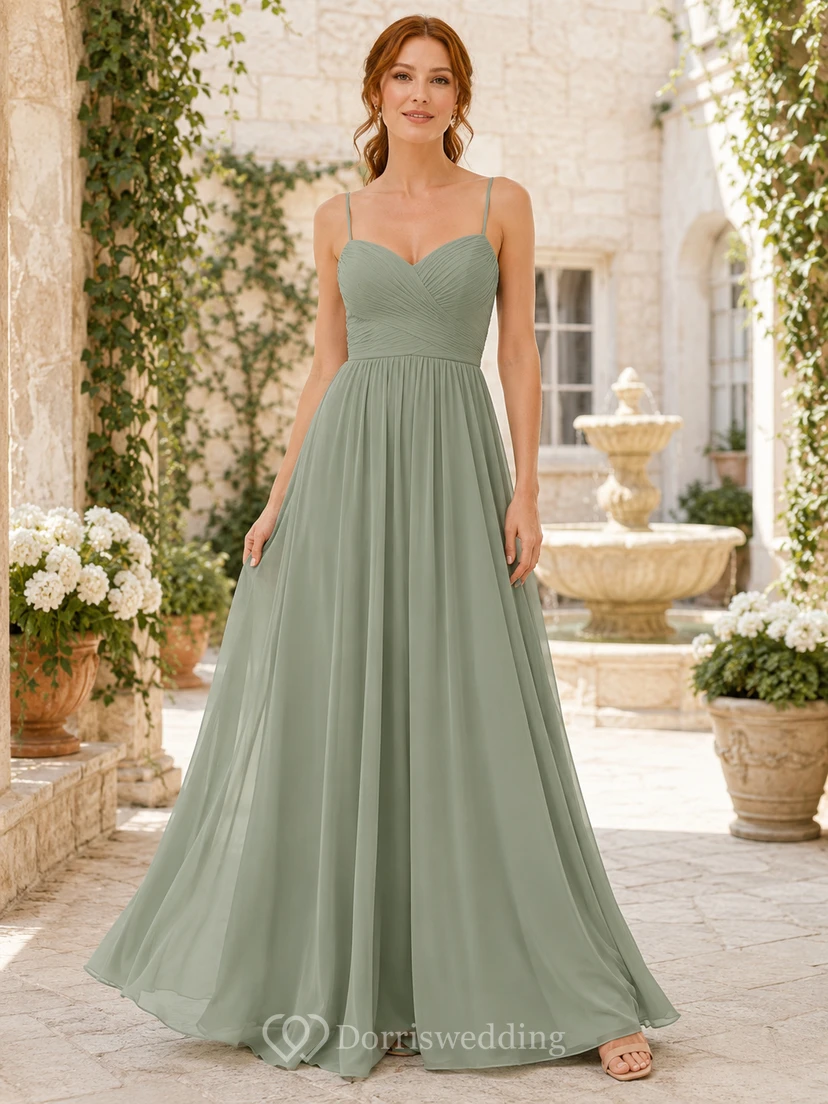 Sage Courtyard A-Line Chiffon Bridesmaid Dress with Sleeveless Spaghetti Strap Sweetheart Bodice, Pleated Floor-Length Skirt and Low V Strappy Back
