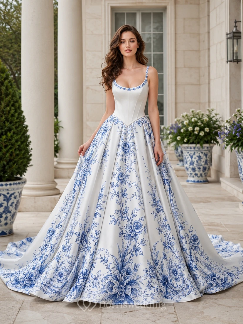 Himmelblaues, botanisches A-Linien-Brautkleid mit Rundhalsausschnitt, ärmellos, aus Spitze und Tüll