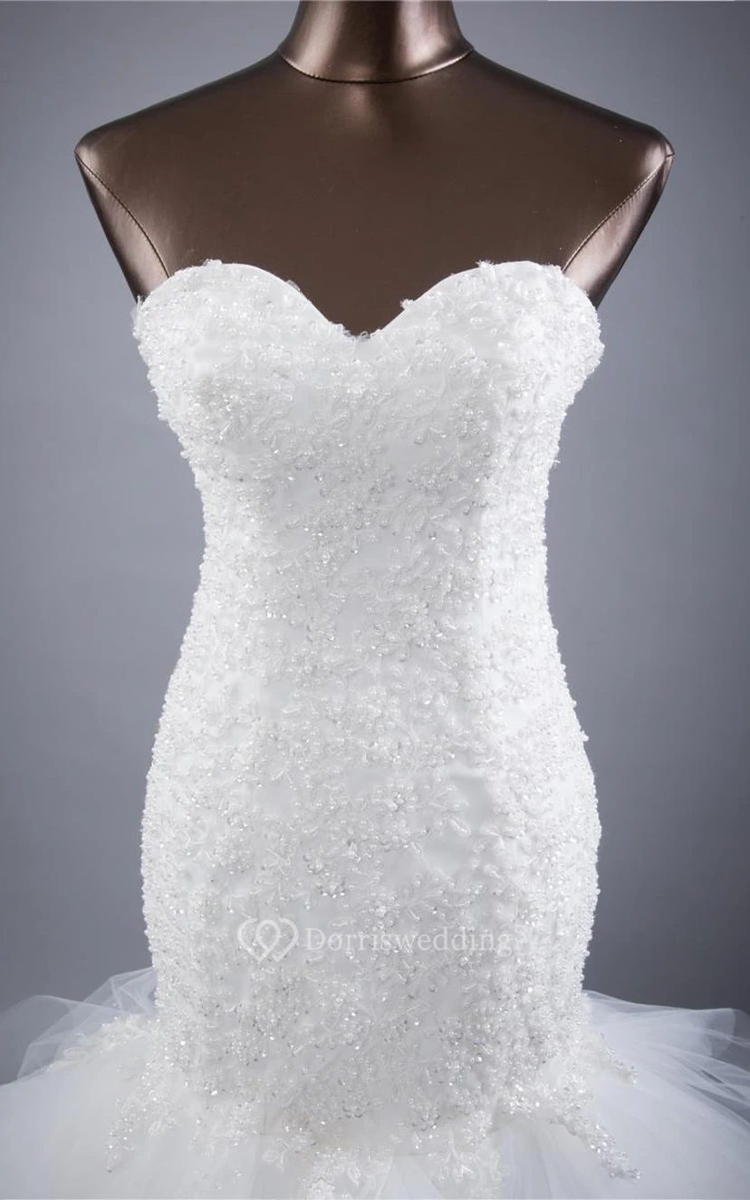Ärmelloses Trompetenkleid aus Organza und Satin mit Blumenmuster und Spitze view 2